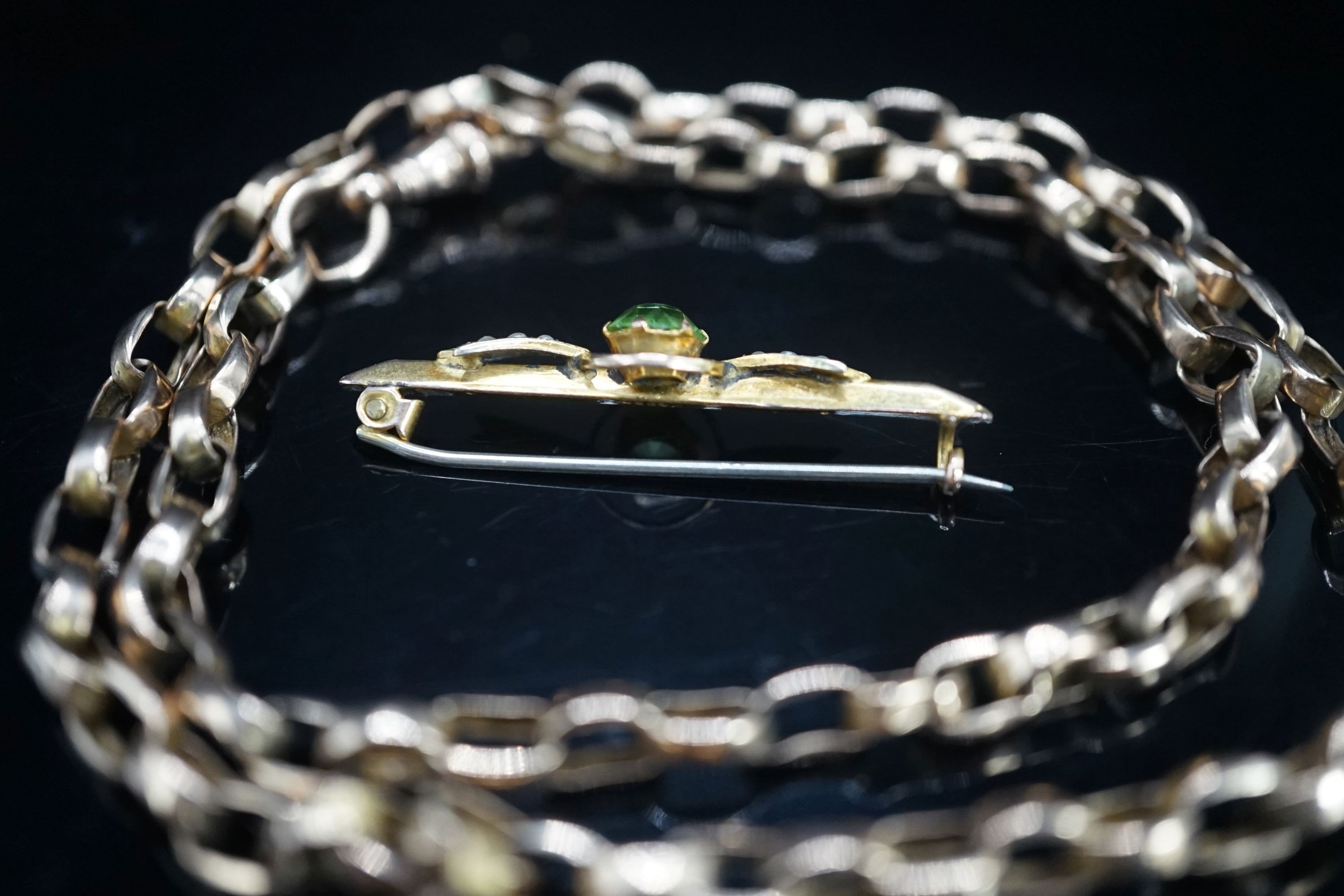 A 9ct belcher link chain, 42cm and a 9ct and gem set bar brooch gross weight 14.2 grams.